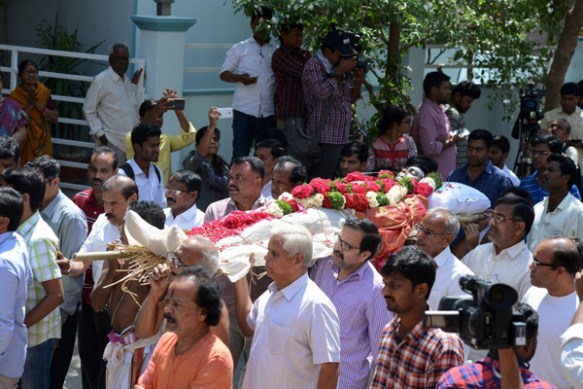 Friends, family, and Indian government ministers at funeral rites for Srinivas Kuchibhotla in Hyderabad, India